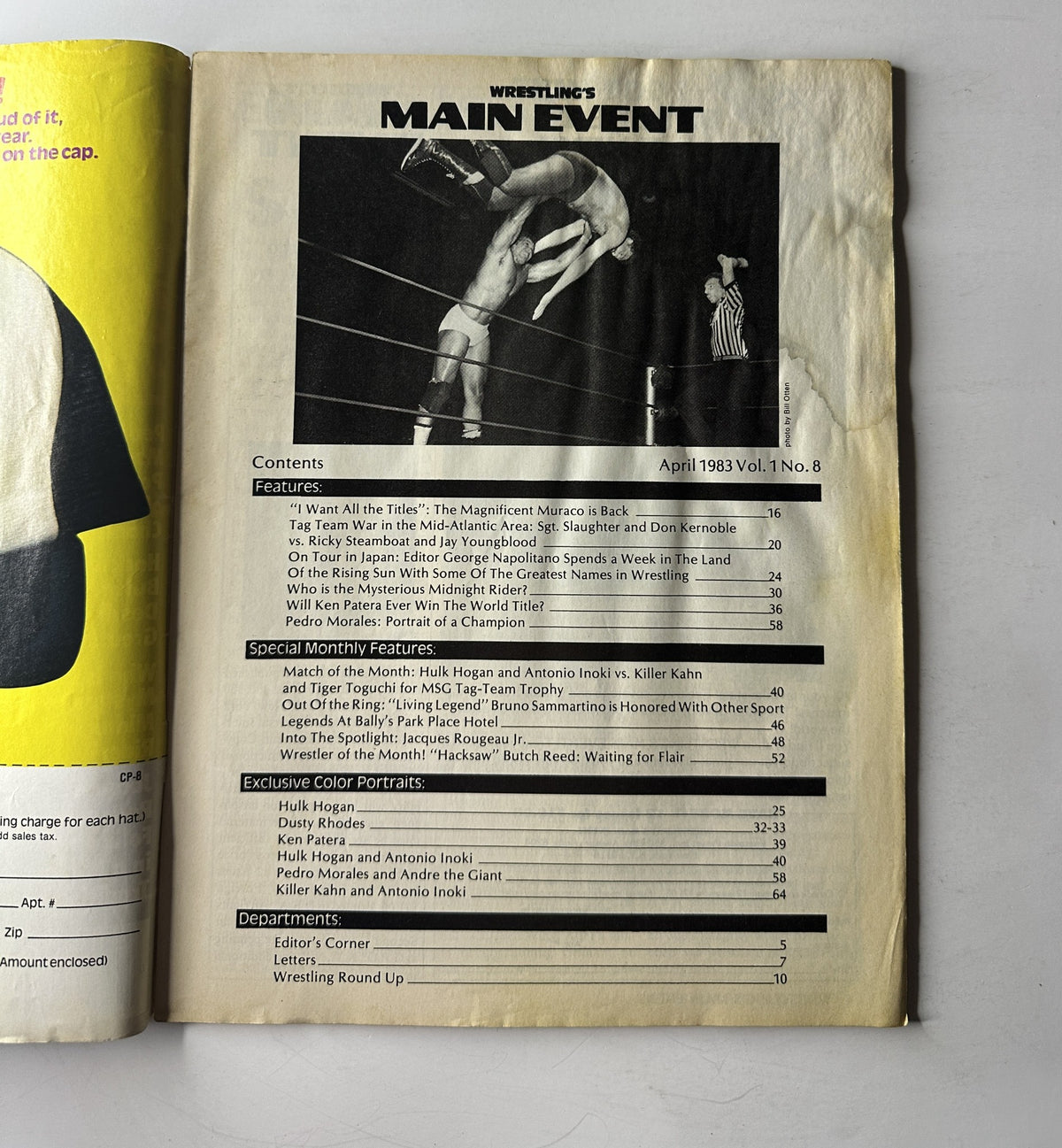 Interior page of Wrestling’s Main Event Magazine from April 1983 listing the table of contents, including features on The Magnificent Muraco and Hulk Hogan.