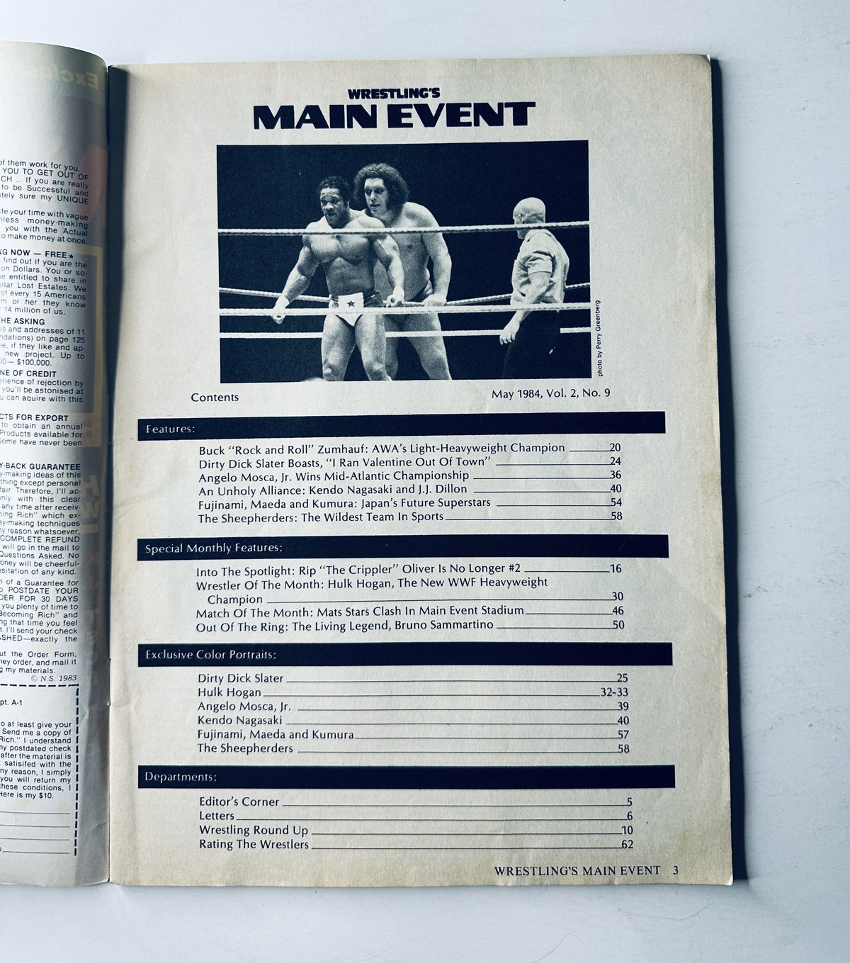 Inside page of Wrestling's Main Event Magazine May 1984, showcasing the table of contents with features including Hulk Hogan, Angelo Mosca Jr., and details on wrestling events.