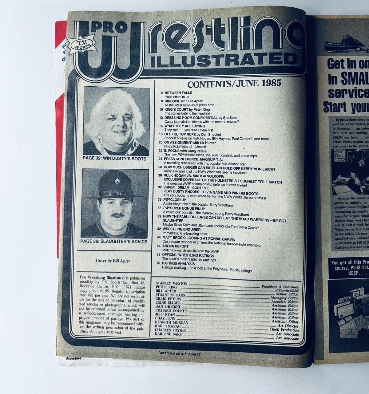 Inside page of Pro Wrestling Illustrated Magazine June 1985 displaying the Table of Contents, featuring articles and highlights about wrestling events, including a mention of Dusty Rhodes.