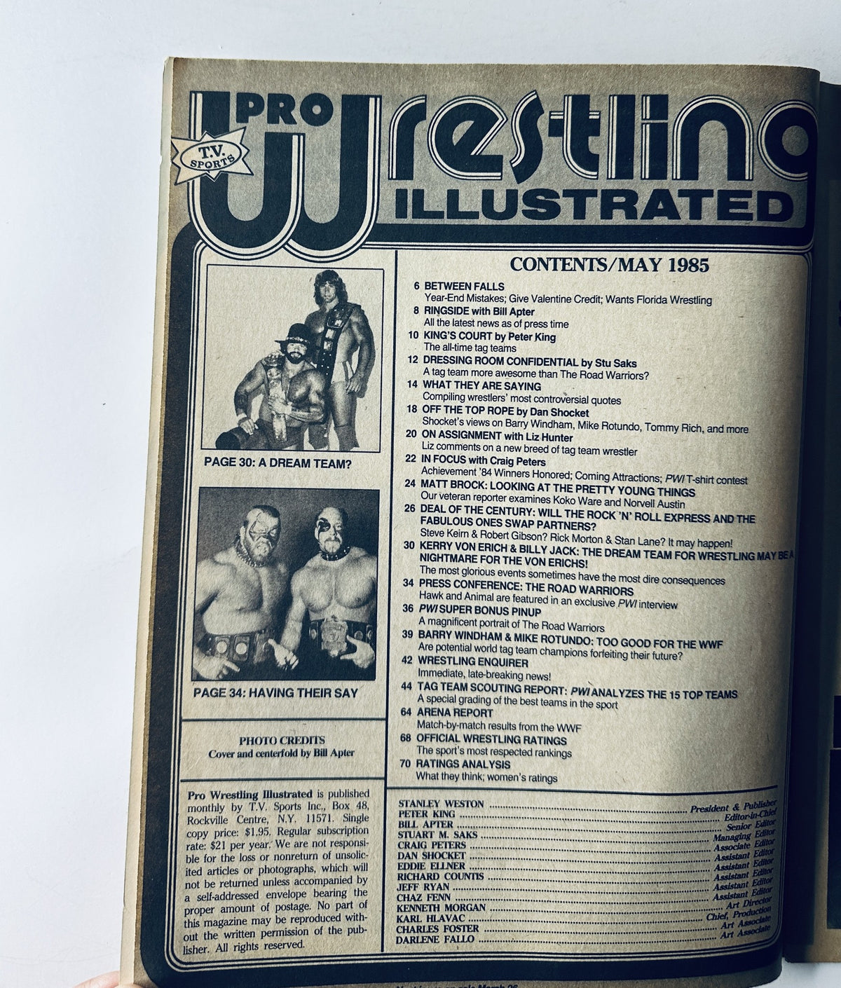 Pro Wrestling Illustrated Magazine May 1985 contents page showcasing the table of contents, including sections on tag teams and wrestling news.