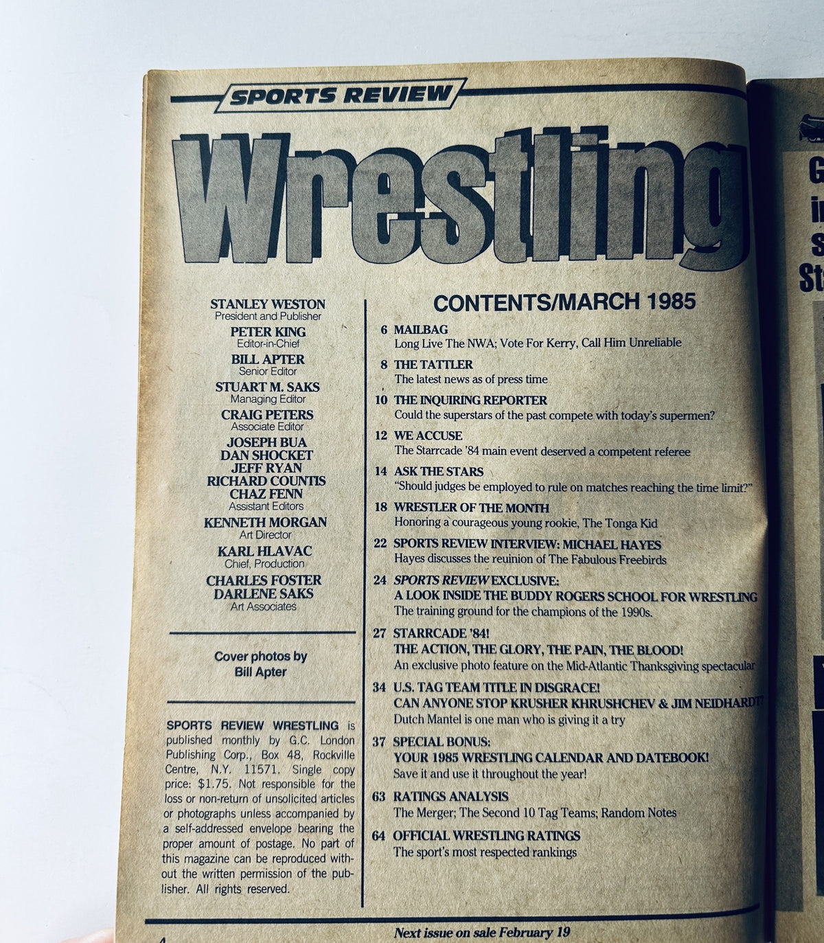 Inside page of Sports Review Wrestling Magazine March 1985 displaying the Table of Contents, with featured segments like Mailbag, Tattler, and an exclusive look at Starrcade '84.
