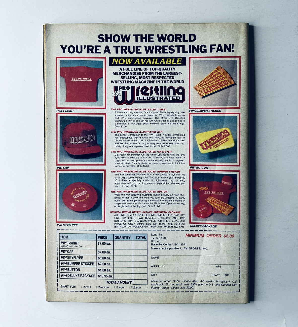 Back cover of Sports Review Wrestling Magazine from March 1985 featuring advertisements for wrestling merchandise including t-shirts, stickers, and buttons. Prominently displays the title 'Sports Review Wrestling Magazine March 1985 Starrcade ’84 Ric Flair Dusty Rhodes'.