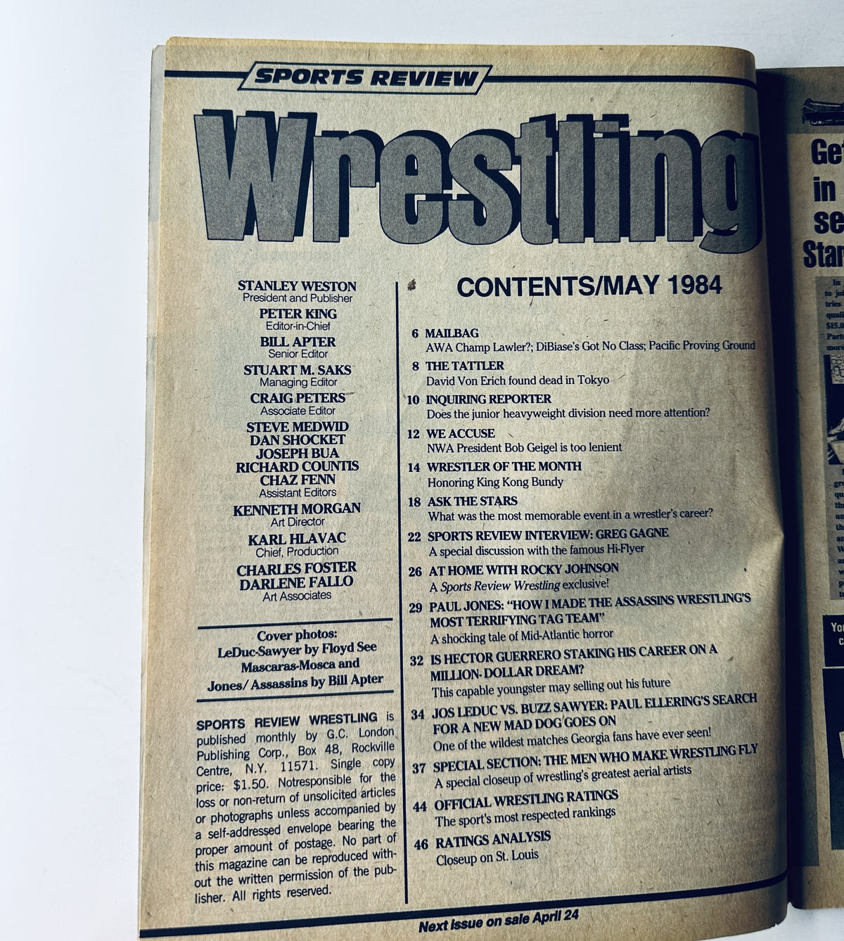 Table of contents for Sports Review Wrestling Magazine May 1984, highlighting feature articles including Paul Jones's exclusive interview and wrestling ratings.