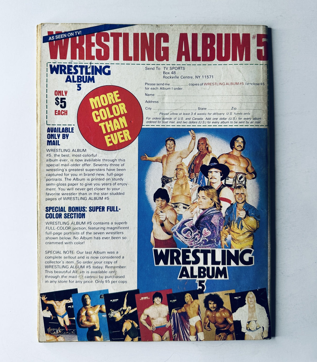 Back cover of Sports Review Wrestling Magazine May 1984, promoting Wrestling Album 5, showcasing various wrestling stars and merchandise.