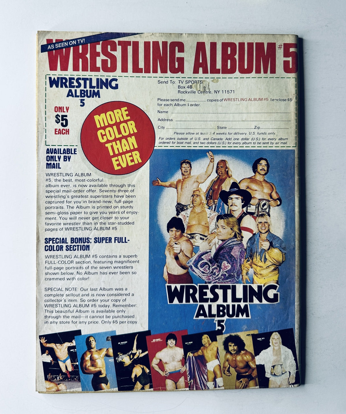 Wrestling Superstars Magazine Summer 1984 featuring a promotional page for WRESTLING ALBUM 5, emphasizing a special full-color edition with popular wrestlers, enhancing the magazine's appeal to collectors and fans.