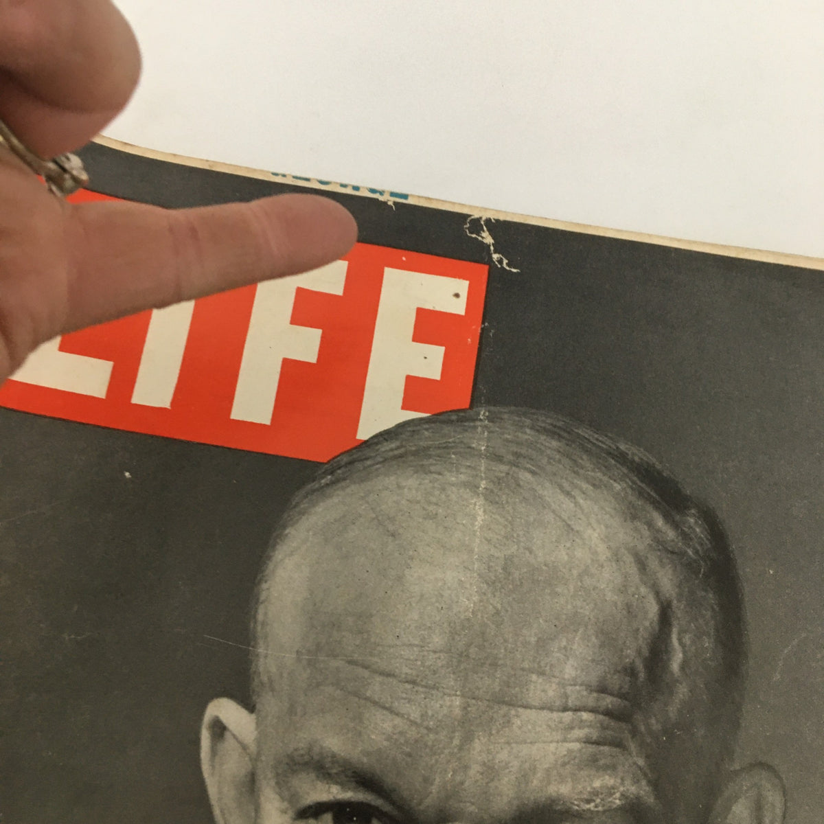 Close-up view of the VTG Life Magazine April 16 1945 cover featuring Dwight D. Eisenhower, highlighting the iconic 'LIFE' logo.