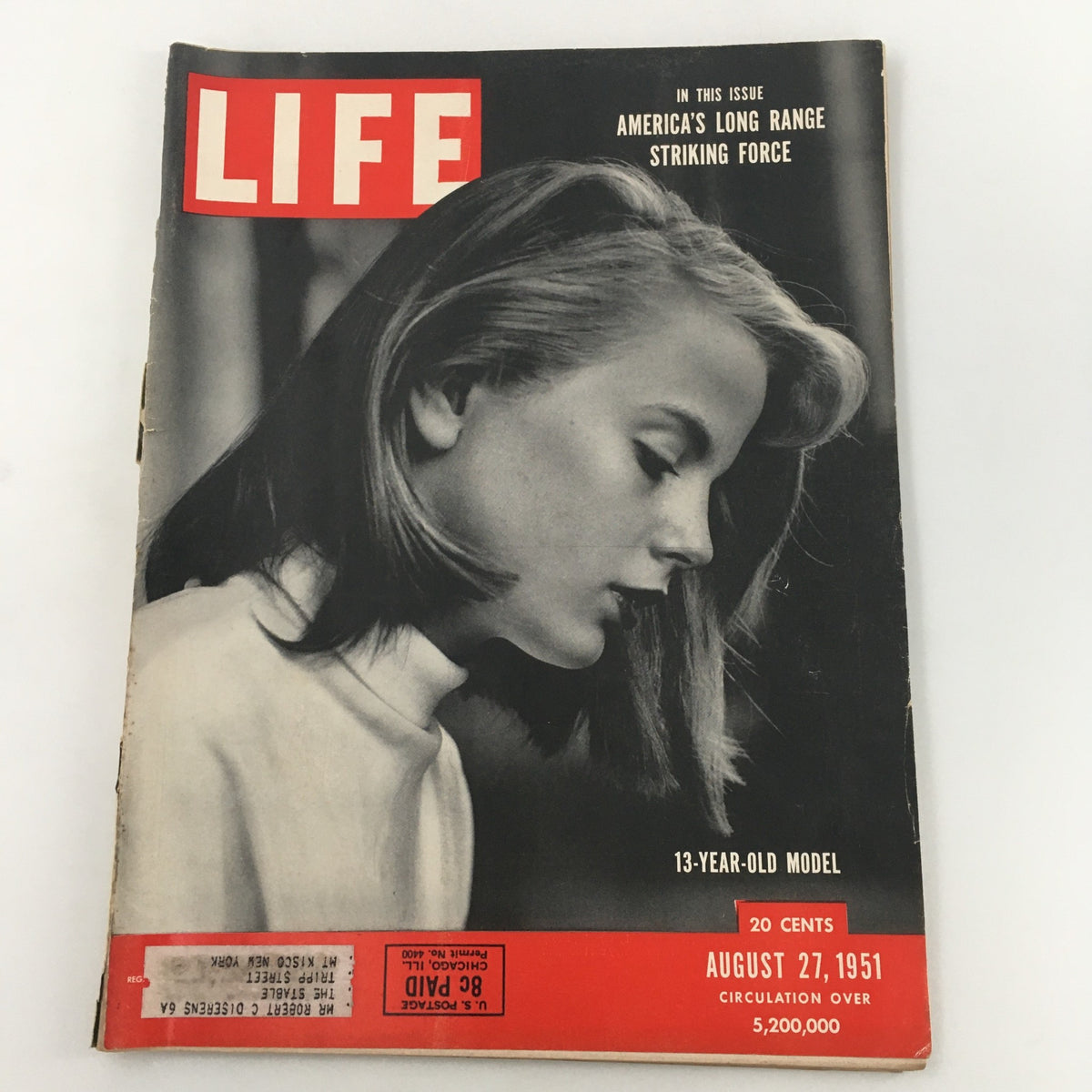 Cover of VTG Life Magazine from August 27, 1951, featuring the title 'America's Long Range Striking Force' with a monochrome image of a young model.