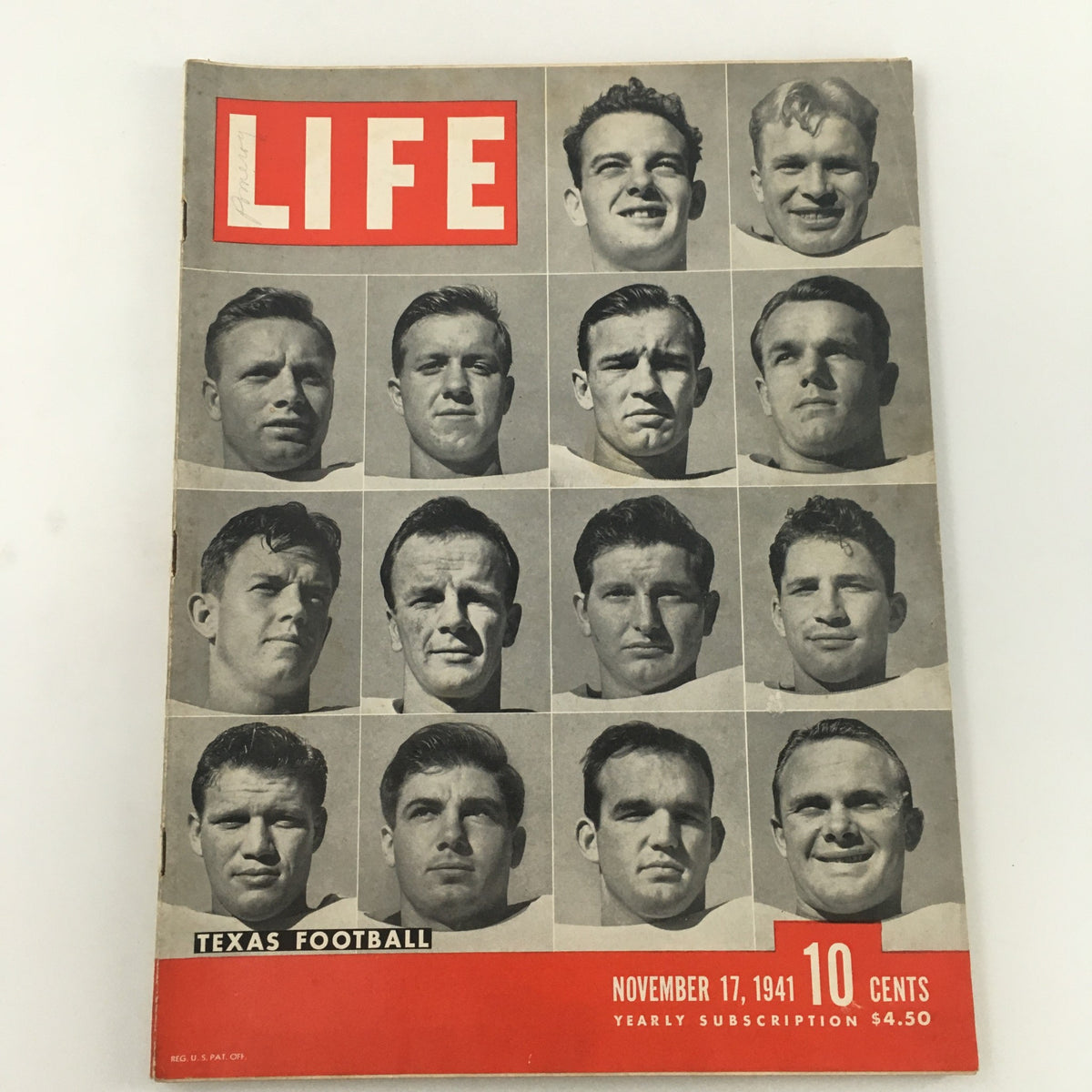 Cover of Life Magazine from November 17, 1941, featuring the Texas Longhorn Football Team with individual player portraits. The magazine highlights Texas Football and includes the iconic red Life logo.