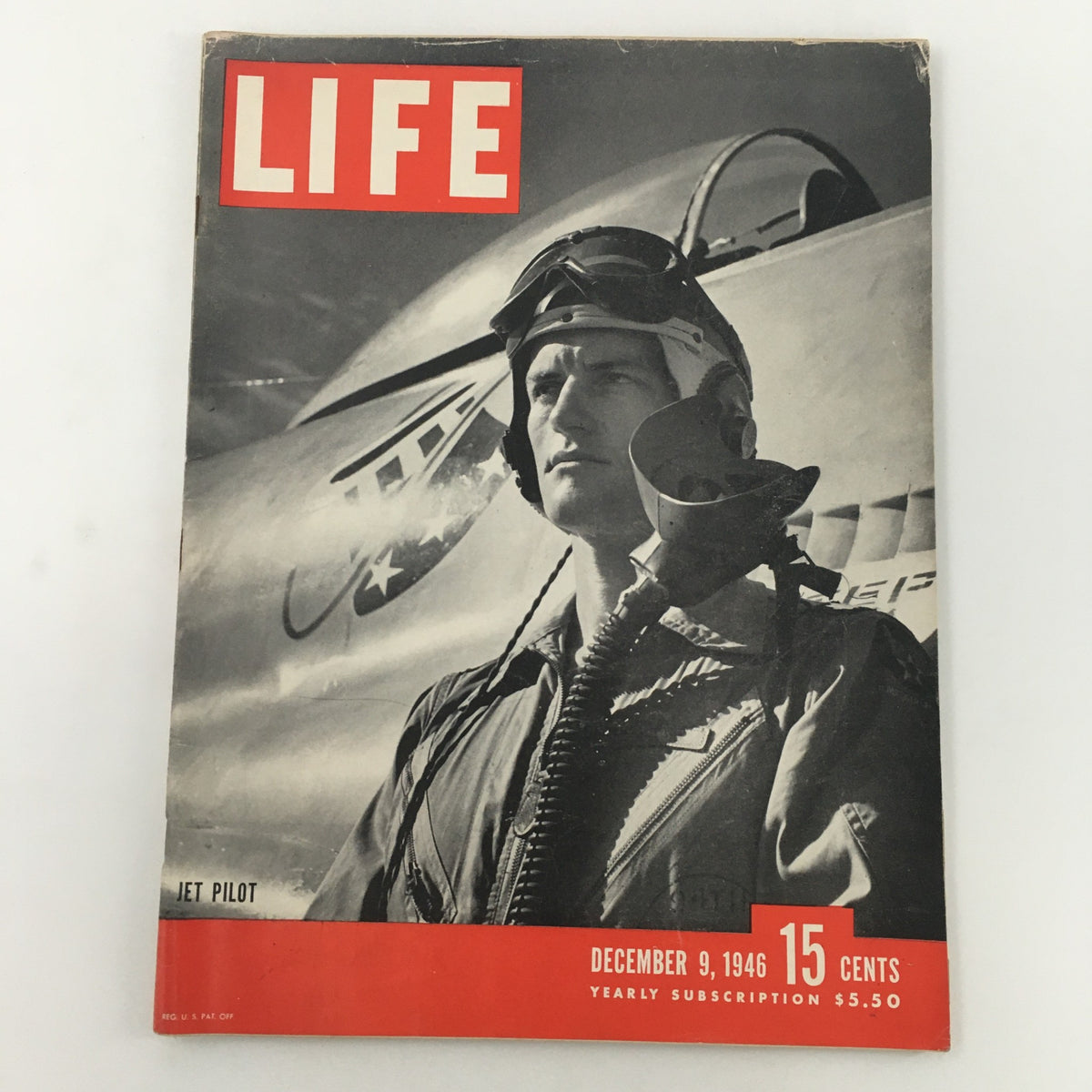 Cover of Life Magazine from December 9, 1946, featuring a Swiss Army jet pilot. The magazine highlights stories about aviation and military advancements post-World War II, showcasing compelling visuals. Ideal for collectors of vintage magazines.