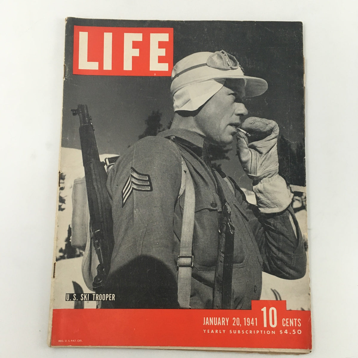 Cover of VTG Life Magazine from January 20, 1941, featuring a U.S. Ski Trooper in uniform, showcasing historical imagery and vintage design.