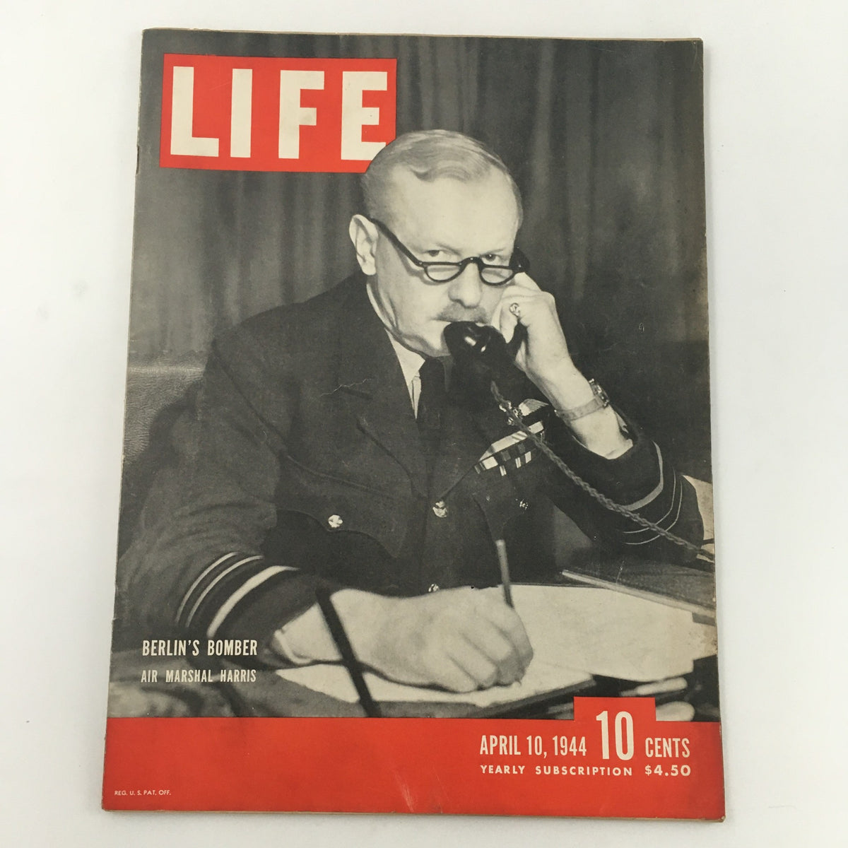 VTG Life Magazine April 10 1944 featuring Berlin's Bomber Air Marshal Harris on the cover, highlighting historical content from World War II.