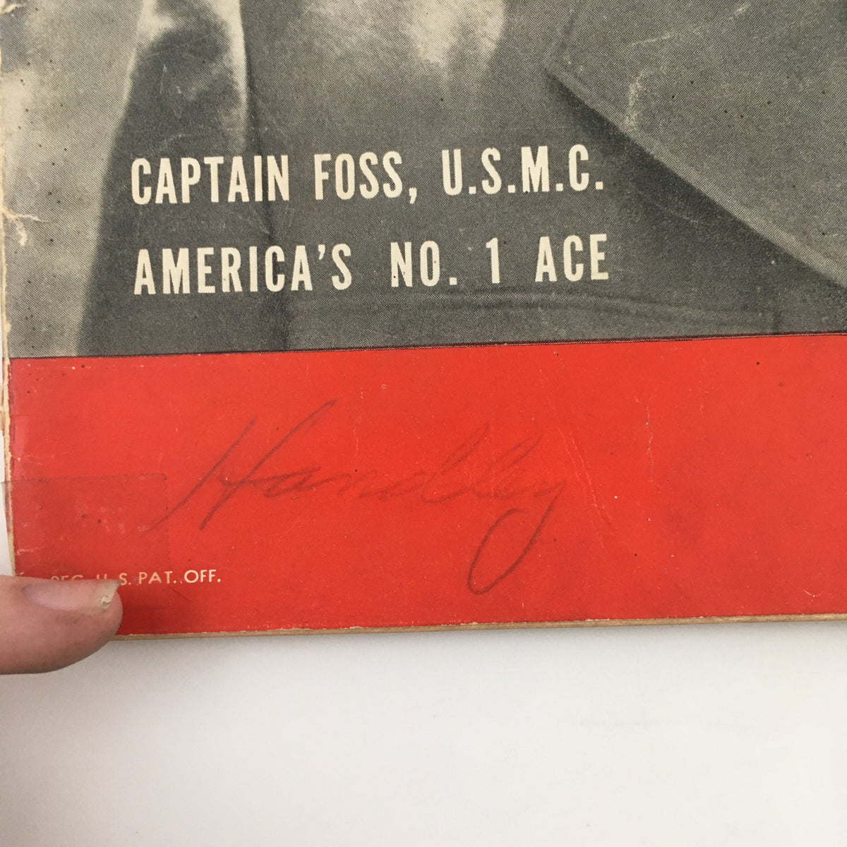 Close-up view of the vintage Life Magazine cover from June 7, 1943, highlighting the title 'Captain Foss, U.S.M.C. America's No. 1 Ace' and a handwritten signature at the bottom.