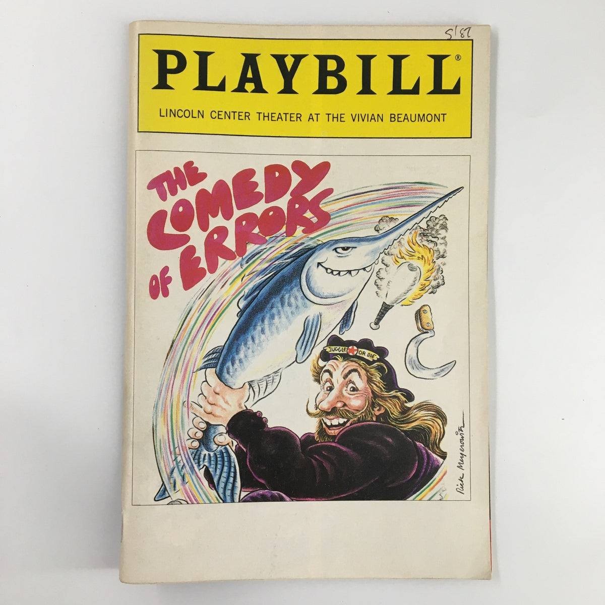 1987 Playbill Lincoln Center Theater The Comedy of Errors featuring vibrant cover illustration of comedic characters and elements, showcasing intricate artwork and vibrant colors.