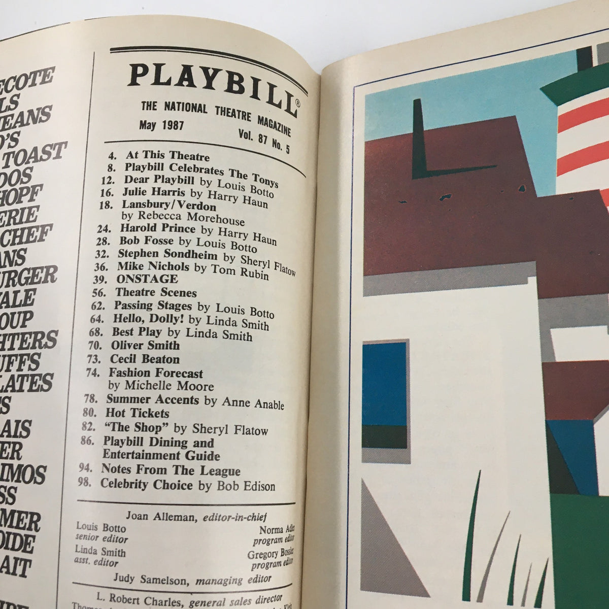 Interior page of the May 1987 Playbill Lincoln Center Theater The Comedy of Errors listing various theater features, showcasing the magazine layout and type.