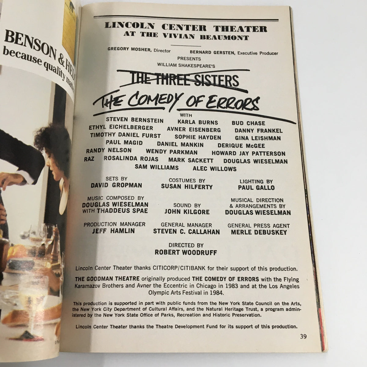 Another interior page from the 1987 Playbill Lincoln Center Theater The Comedy of Errors with detailed credits and cast information, reflecting its historical significance.