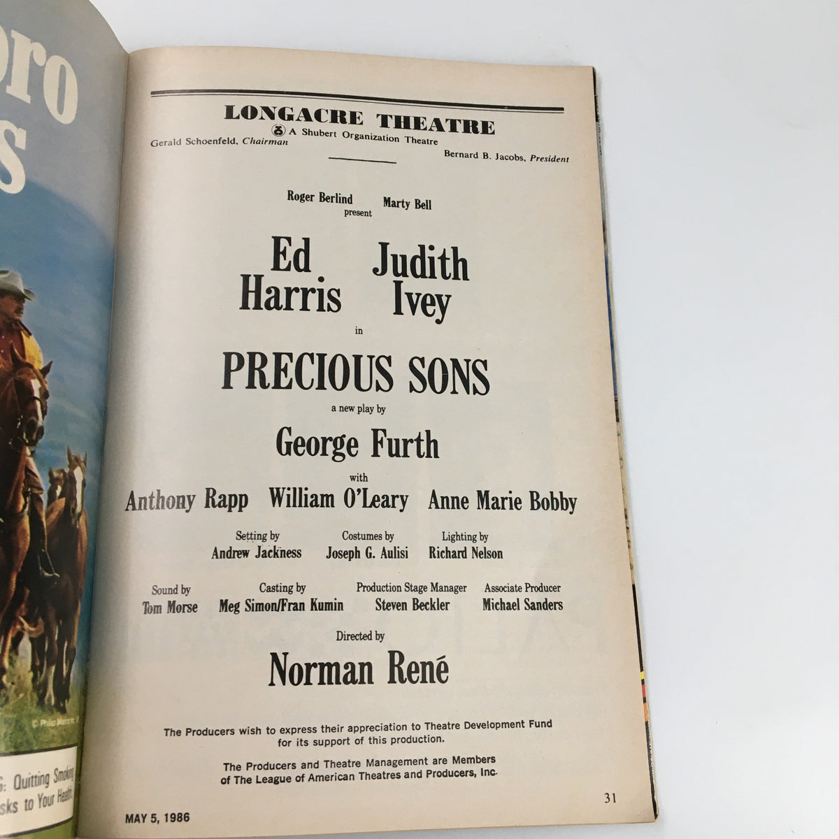 Cast and crew page of the 1986 Playbill Longacre Theatre Vol 86 #3 for Precious Sons starring Ed Harris, directed by Norman Rene.