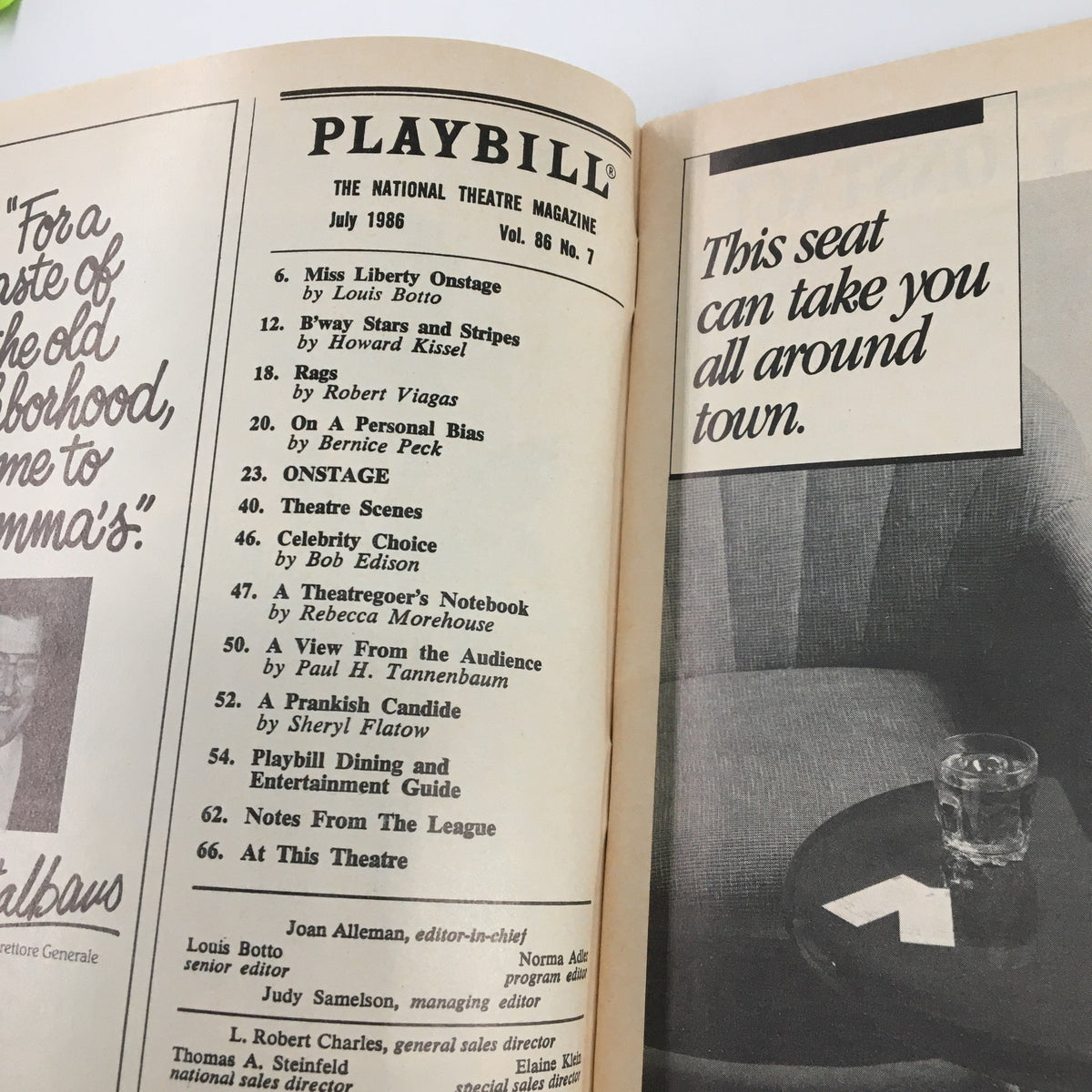 Interior page of the 1986 Playbill Forty-Sixth Theatre Vol 86 #7 displaying advertisements and listings for theater-related content from July 1986.
