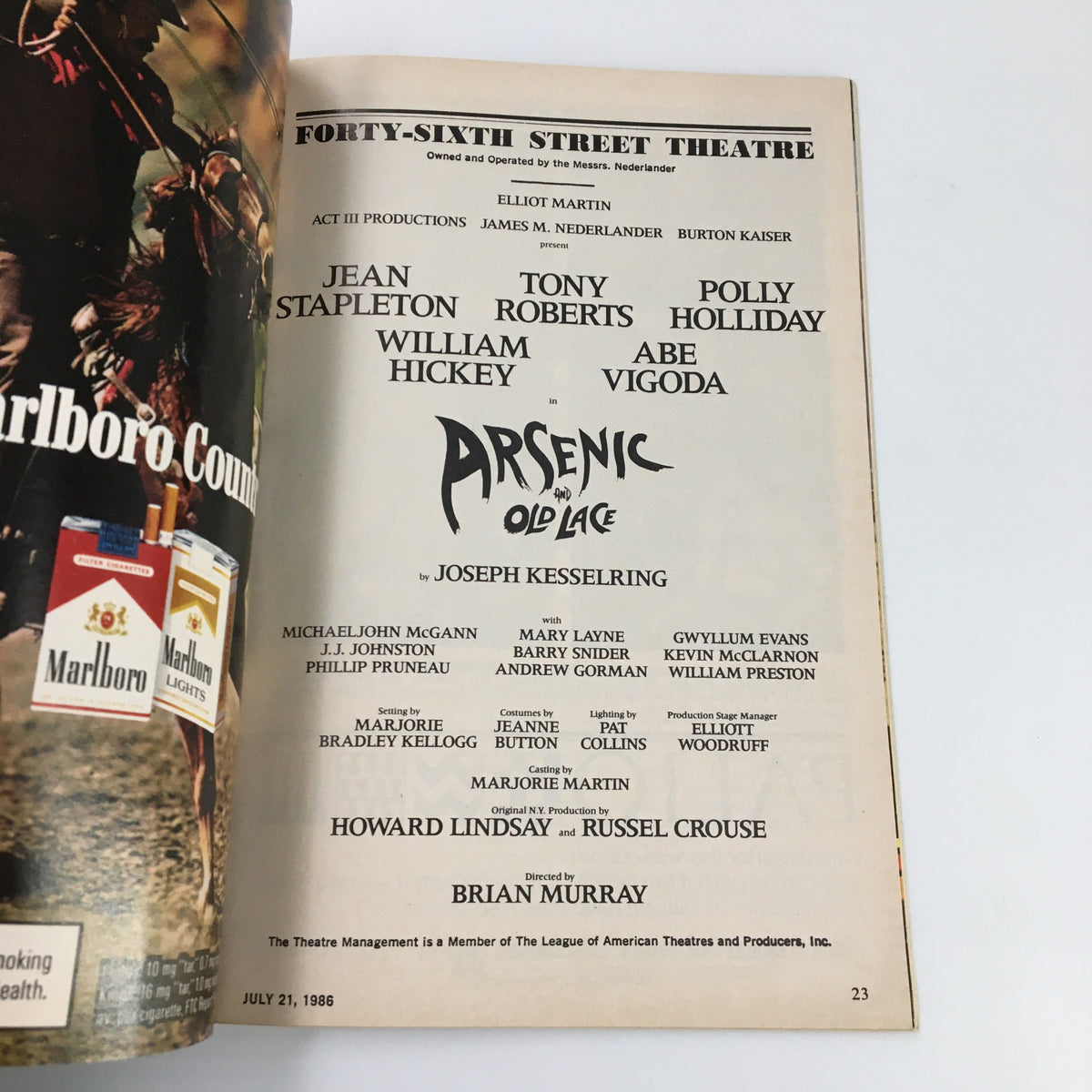 Interior of the 1986 Playbill Forty-Sixth Theatre Vol 86 #7 featuring cast information for 'Arsenic and Old Lace' with Tony Roberts in the lineup.