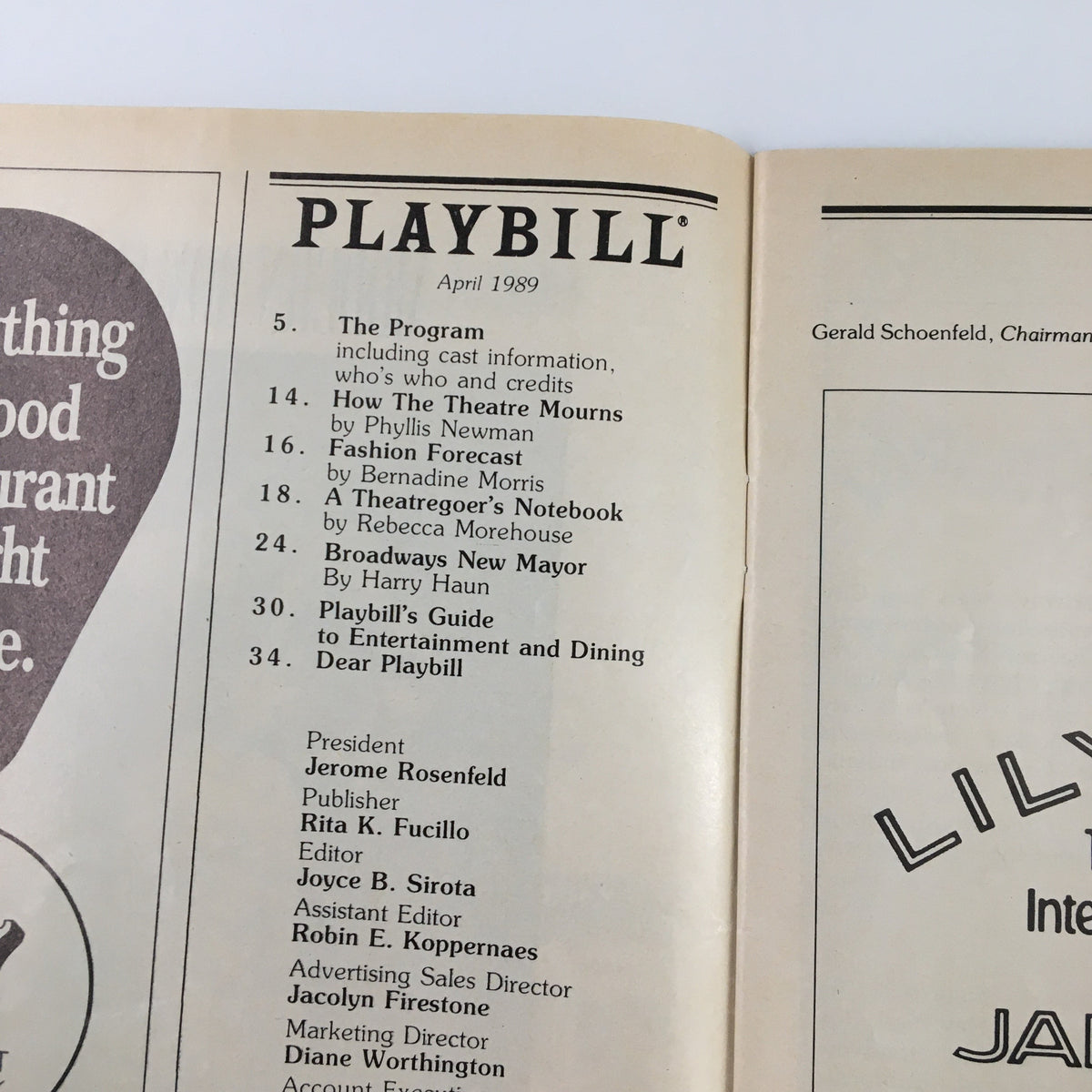 Interior view of the April 1989 Playbill for The Search for Signs of Intelligent Life in the Universe, showing the program details and cast information.