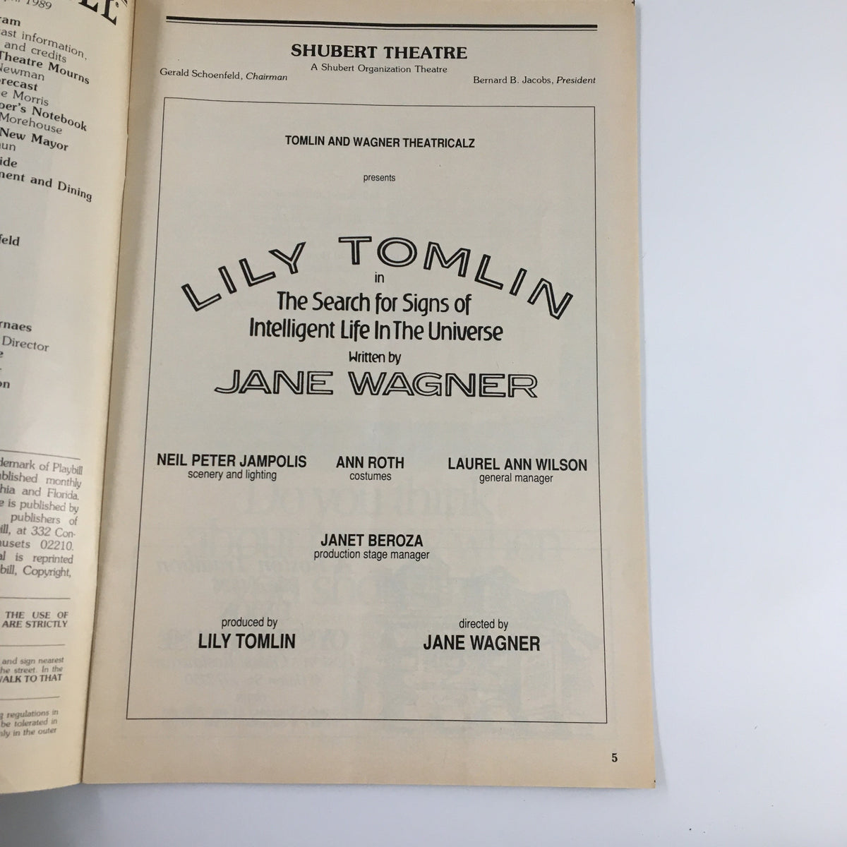 Inside page of the Playbill for The Search for Signs of Intelligent Life in the Universe, highlighting production credits and creative team.