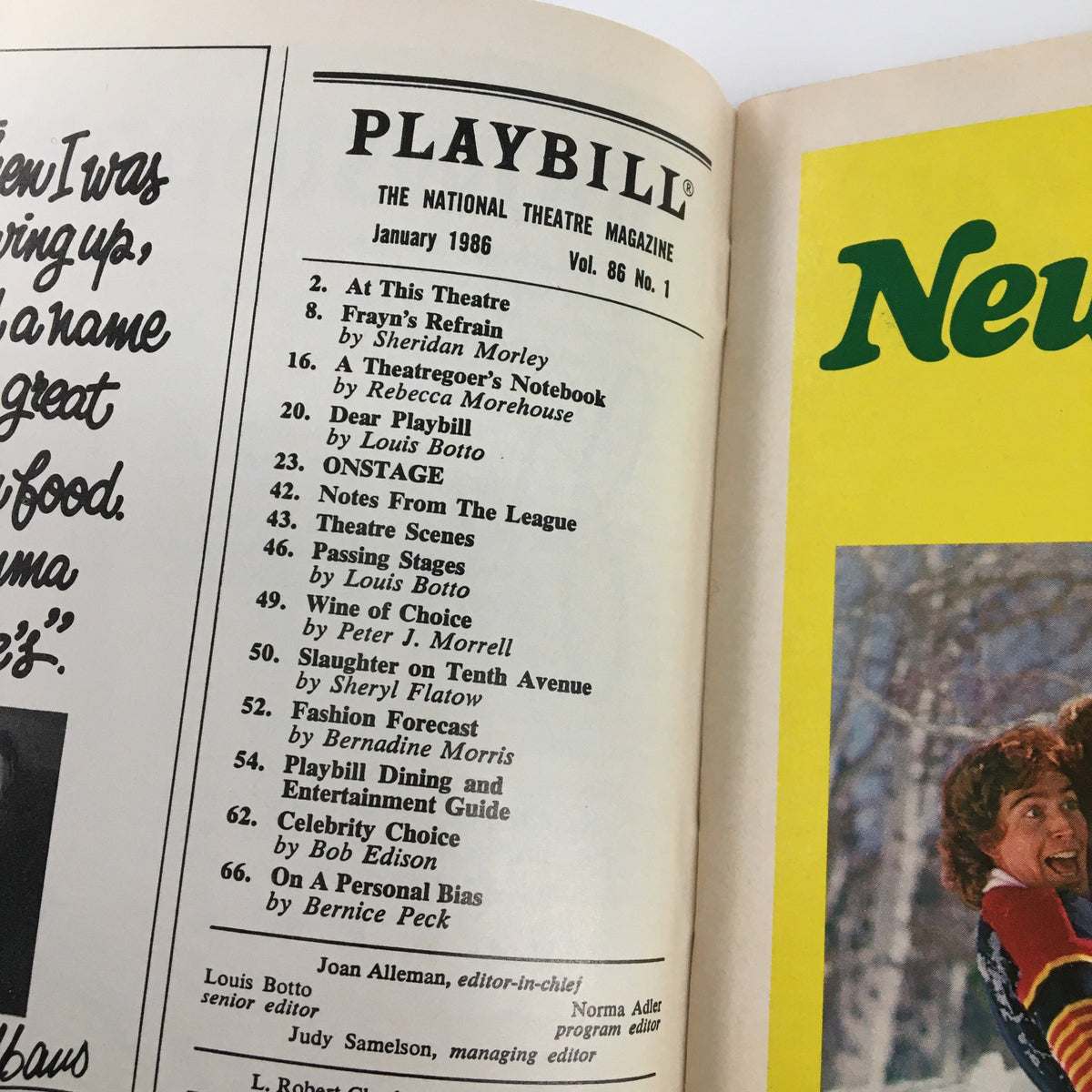 Interior page of Playbill January 1986, listing performances and features, including a segment about The Search for Signs of Intelligent Life in the Universe starring Lilly Tomlin at the Plymouth Theatre.