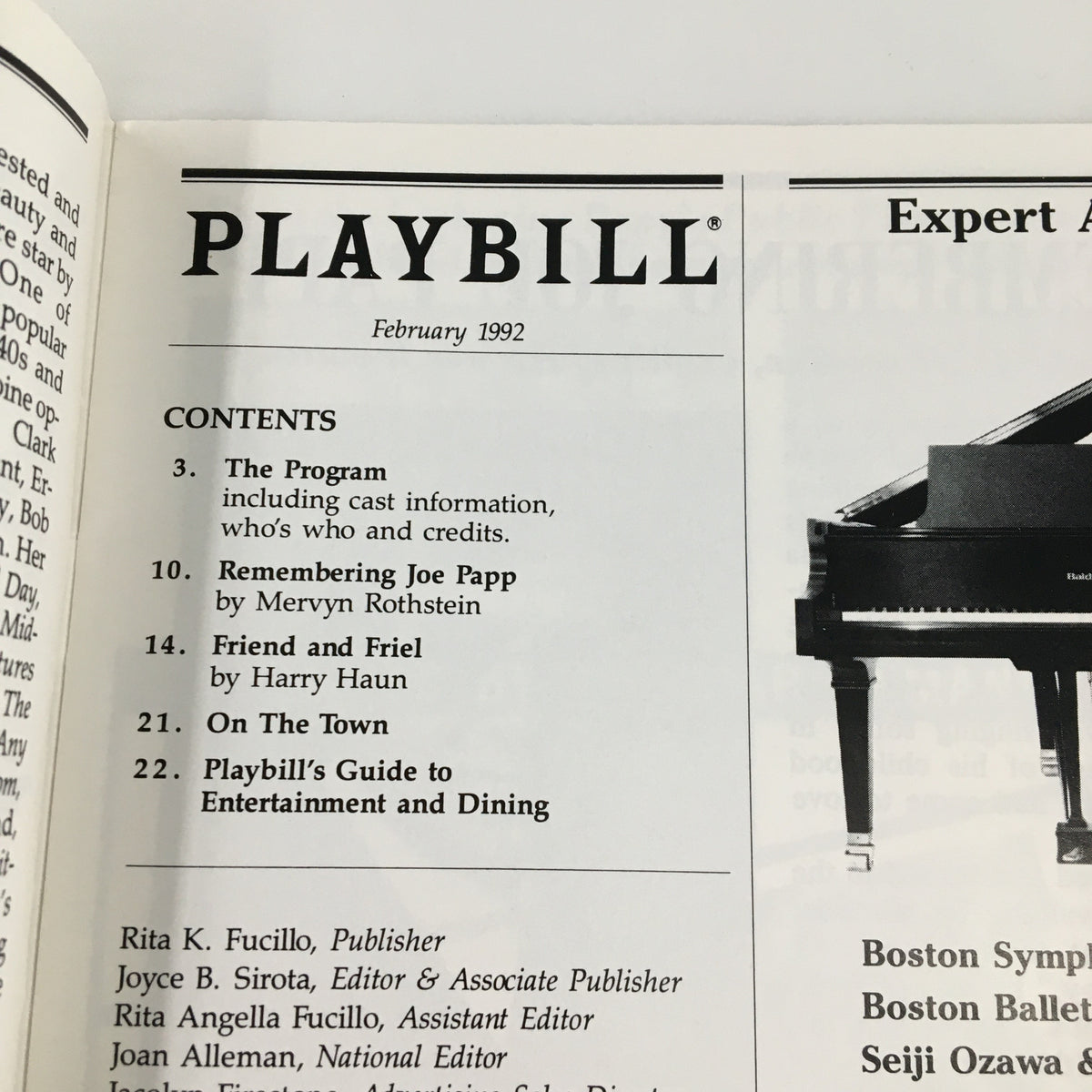 Contents page of the 1992 Playbill from Wilbur Theatre, detailing the program and credits for Love Letters by A.R. Gurney.