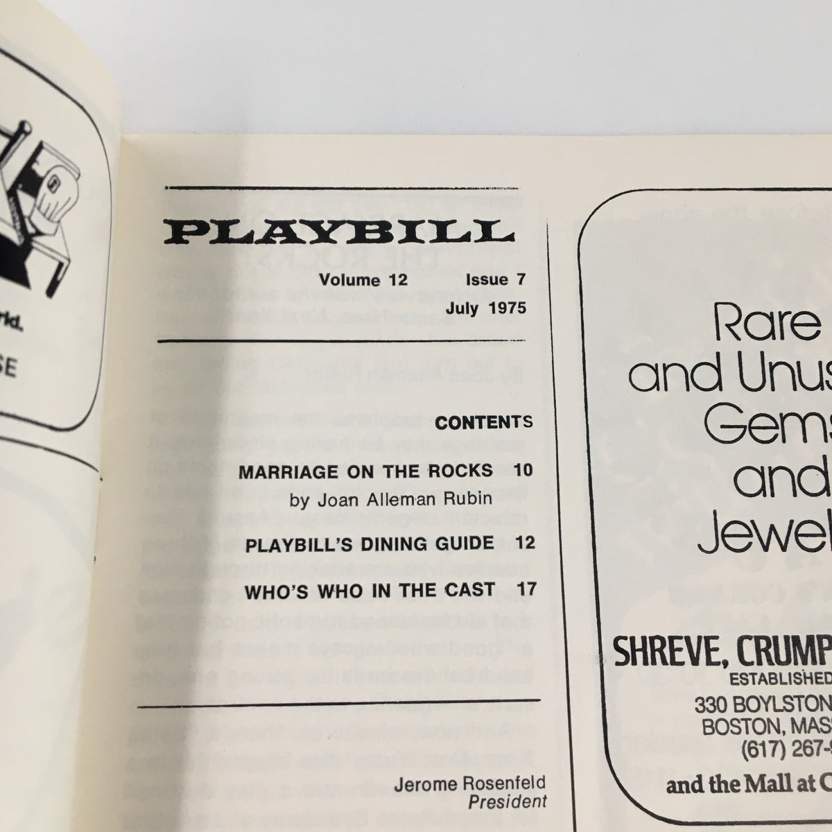 Contents page of the 1975 Playbill volume 12 issue 7 for Jacques Brel is Alive & Well, detailing featured articles and sections within.