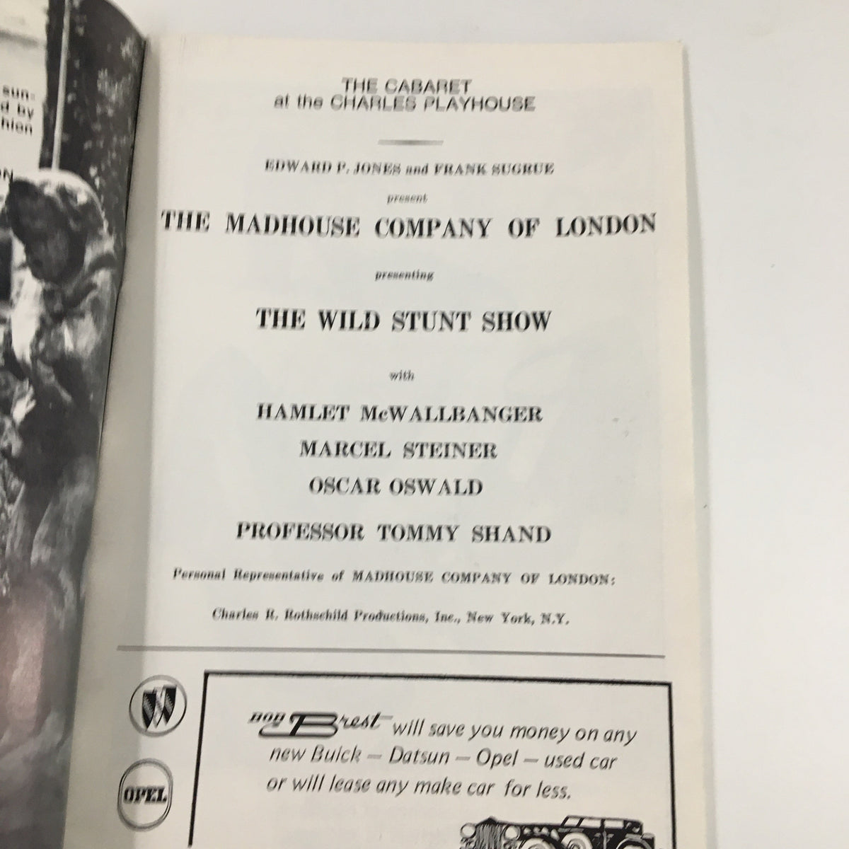 Inside page of the 1975 Playbill for The Cabinet at the Charples Playhouse featuring cast details for The Wild Stunt Show.