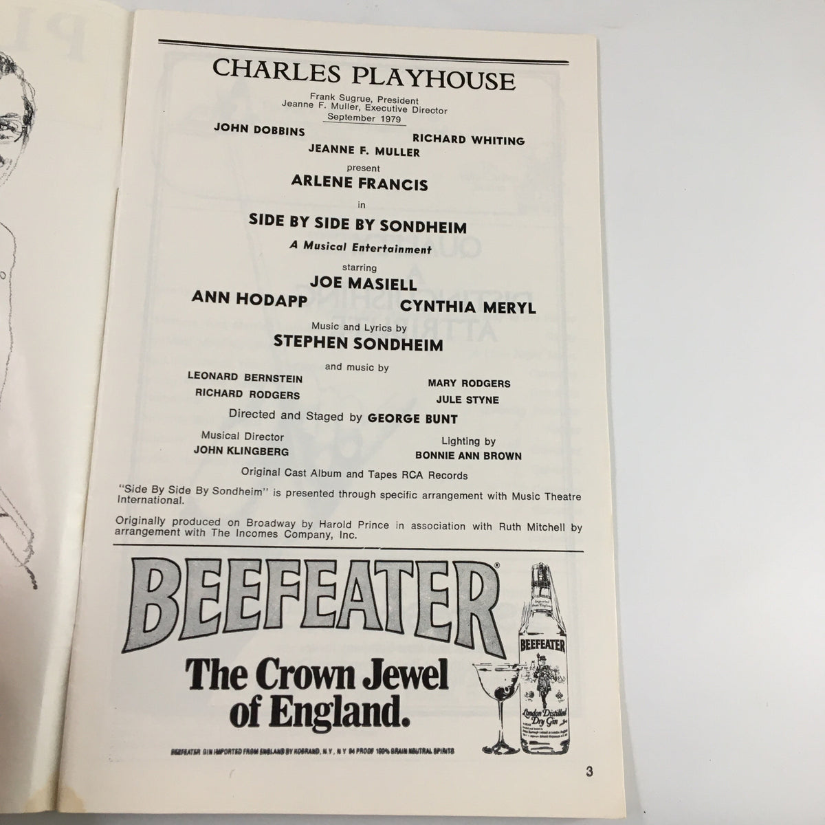 Interior page of the 1979 Playbill from Charles Playhouse, highlighting cast and crew information for Side by Side by Sondheim.