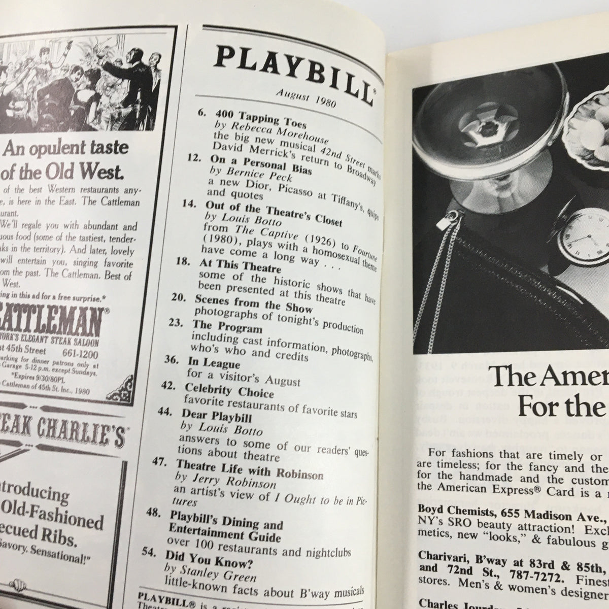 Inside view of the August 1980 Playbill, featuring additional content and listings alongside the Children of a Lesser God production.