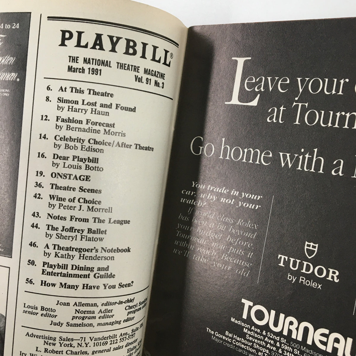 Inside view of the 1991 Playbill for Once On This Island, showcasing listings and advertisements from the National Theatre Magazine, featuring theatrical content relevant to the Broadway experience.