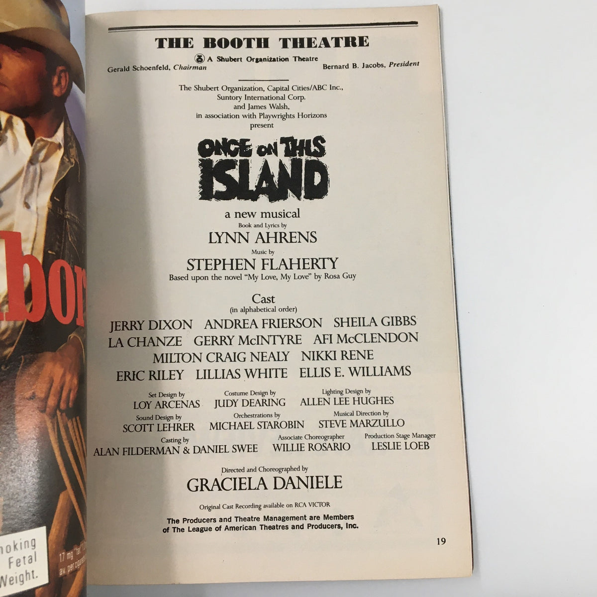 The Booth Theatre page from the 1991 Playbill for Once On This Island, highlighting the musical's credits and cast, including Graciela Daniele as the director.