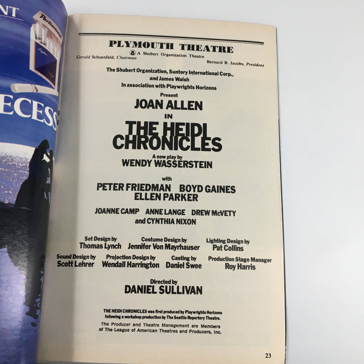Page from the 1989 Playbill featuring Joan Allen in 'The Heidi Chronicles', presenting cast details and production credits in a vintage theater format.