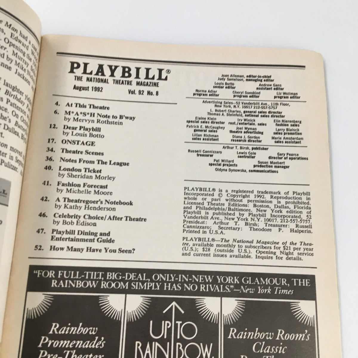 Interior page of the 1992 Playbill for The Most Happy Fella, featuring a list of other productions including 'At My Father's Side' and 'Theatre Scenes'.