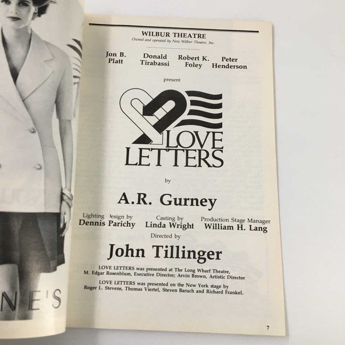 1990 Playbill Wilbur Theatre with Donald Tirabassi in Love Letters by A.R. Gurney, highlighting the play's casting and production team.