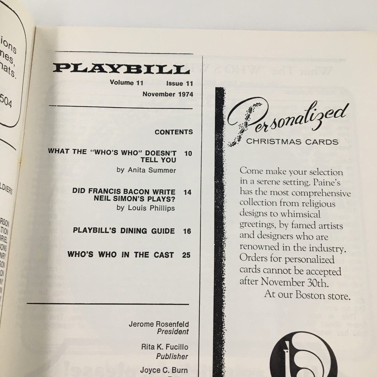 Interior contents page of the 1974 Playbill for Shenandoah, showcasing the magazine layout.