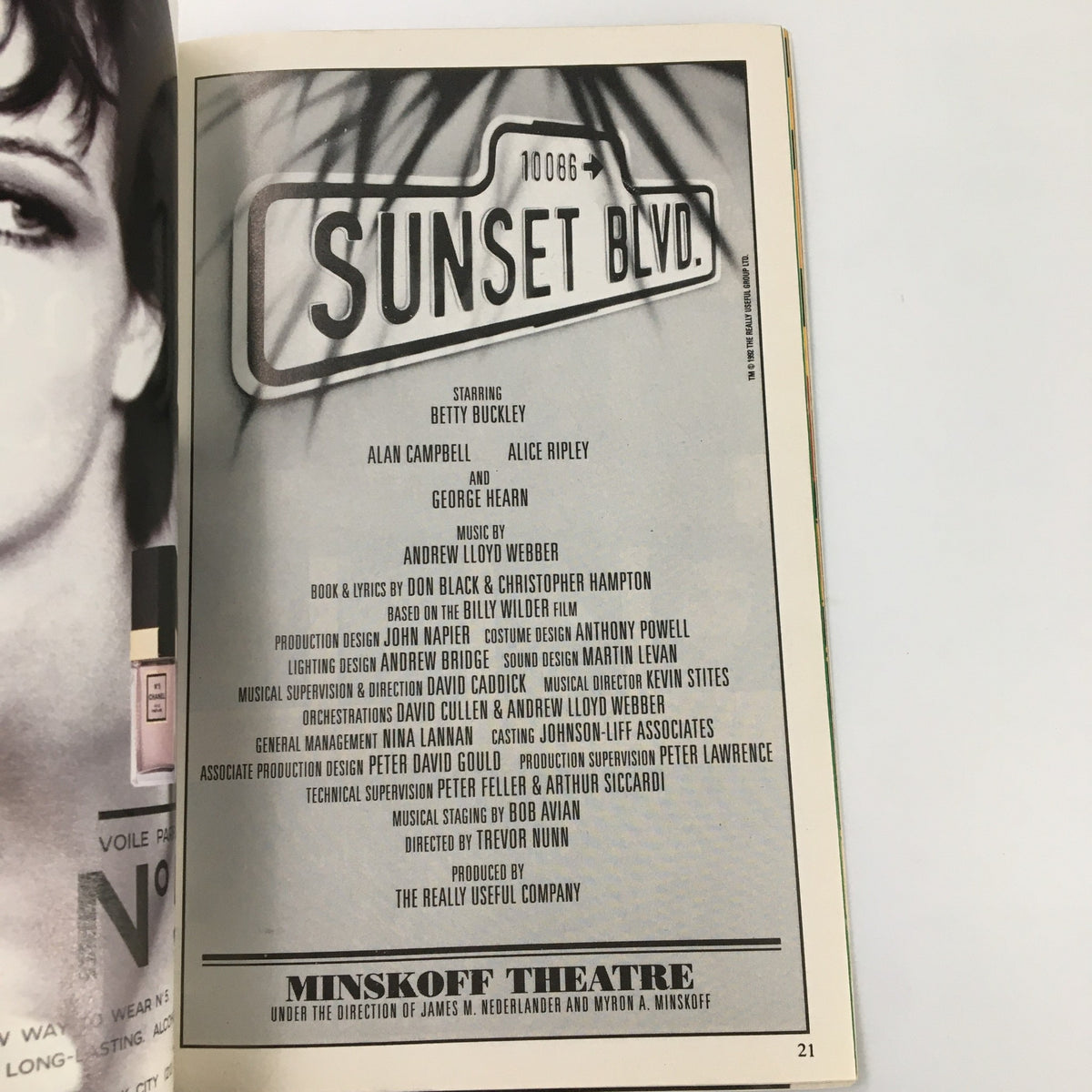 Detailed page from the 1995 Playbill for Minskoff Theatre, highlighting the cast of 'Sunset Blvd.' with Betty Buckley, and information regarding the production directed by Trevor Nunn.