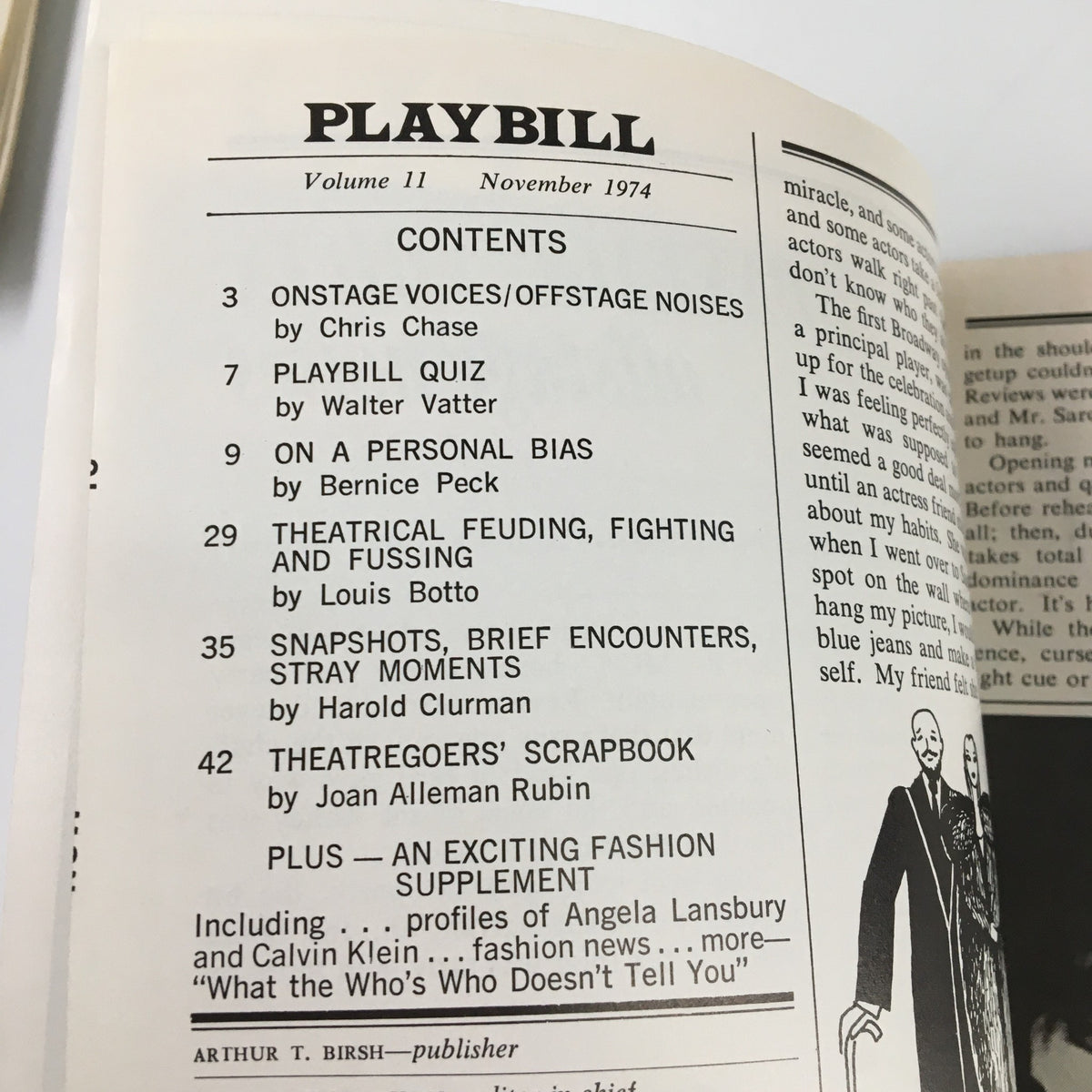 Interior page of the 1974 Playbill for Scapino, detailing contents and articles related to the performance.