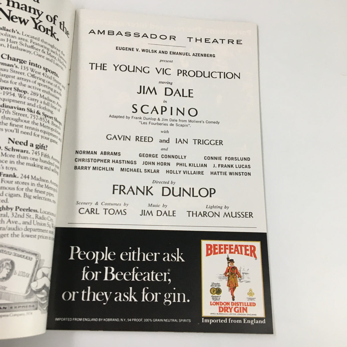 Advertisement page from the 1974 Playbill for Scapino at Ambassador Theatre, directed by Frank Dunlop, featuring cast and production details.