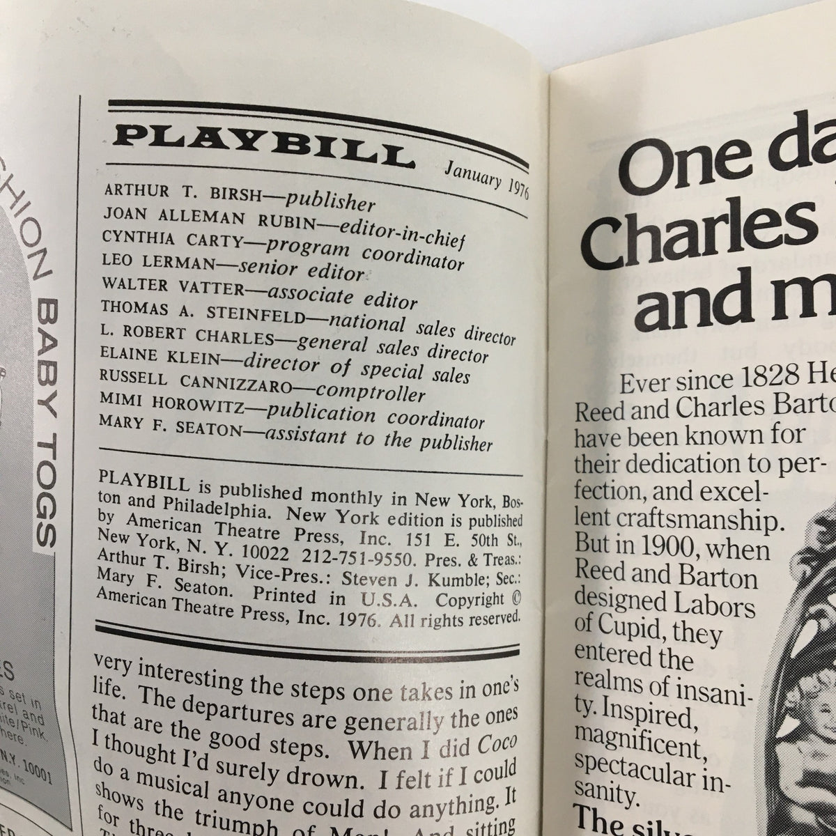 Interior page of the 1976 Playbill from The Booth Theatre, listing staff and contributors for the January 1976 edition.