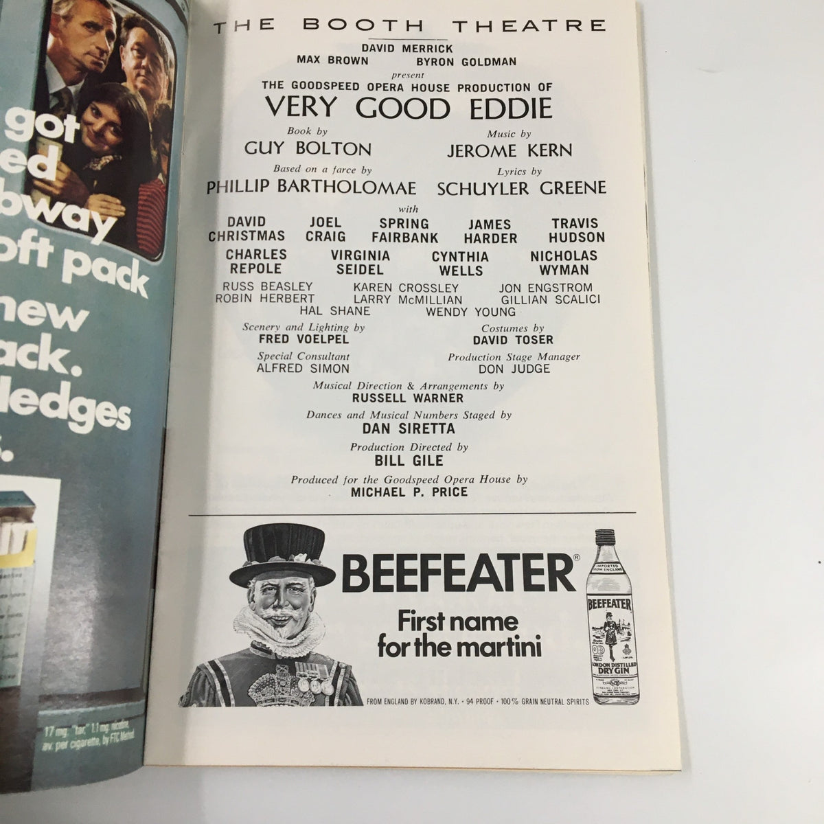 Back cover of the 1976 Playbill for The Booth Theatre's Very Good Eddie, showcasing production credits and a Beefeater advertisement.