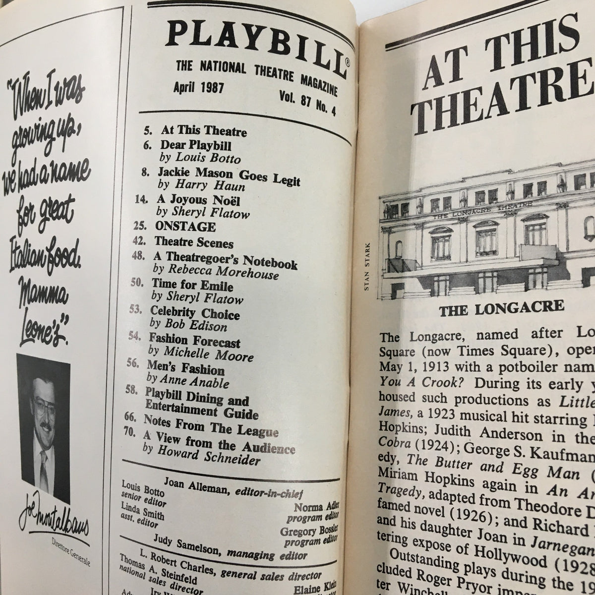 Inside page of the 1987 Playbill for The Musical Comedy Murders of 1940, displaying program details and editorial content.