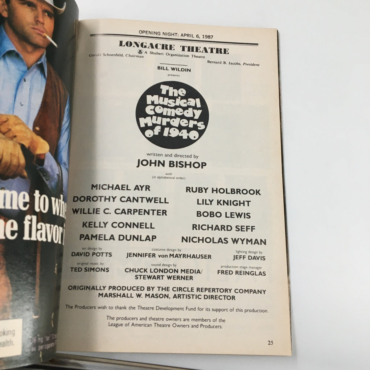 Another inside page of the 1987 Playbill for The Musical Comedy Murders of 1940, featuring cast and production information.