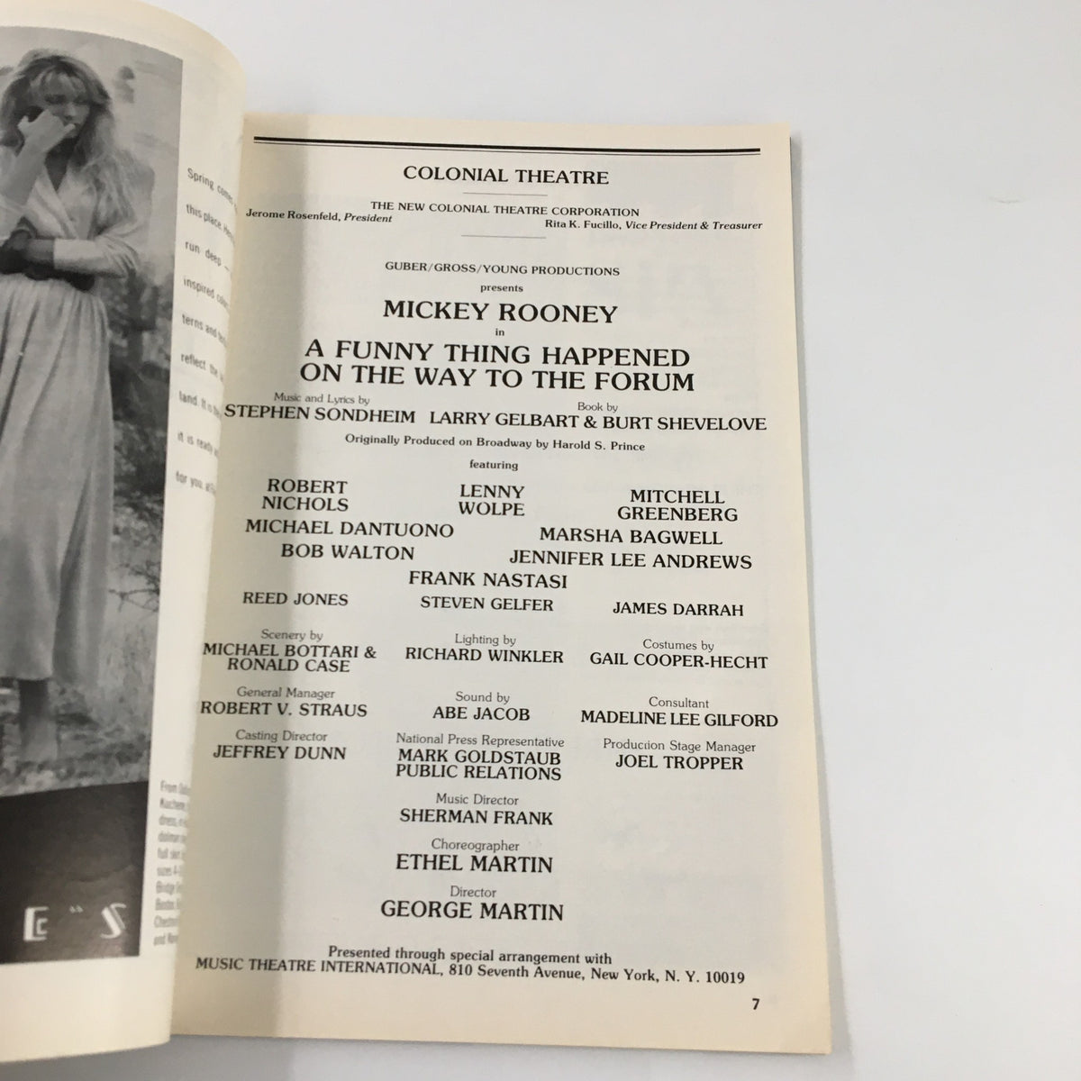 Cast and crew details from the 1987 Playbill featuring Mickey Rooney in 'A Funny Thing Happened on the Way to the Forum'.