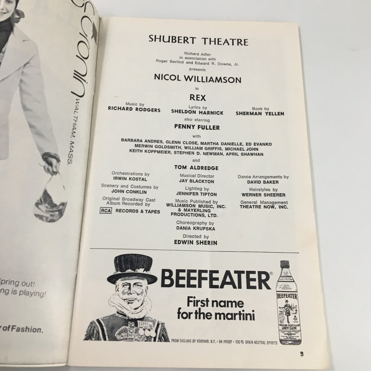 Inside page of the 1976 Playbill from the Shubert Theatre showcasing Nicol Williamson in 'Rex', displaying cast and crew details.