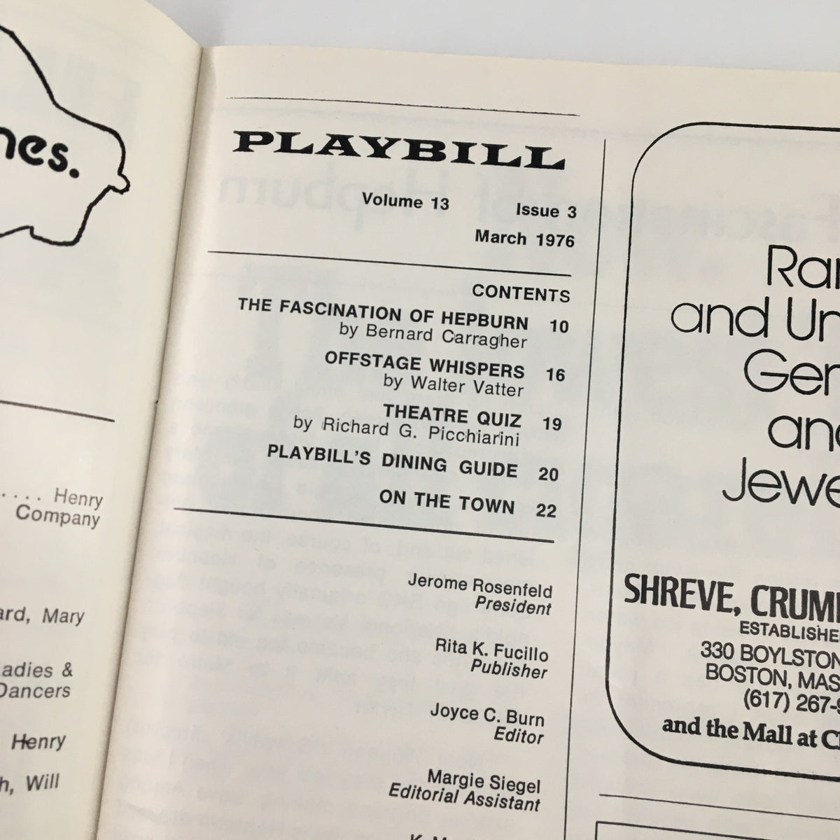 Contents page of the March 1976 Playbill, featuring articles and sections related to theater, including the production 'Rex' and acknowledgments.