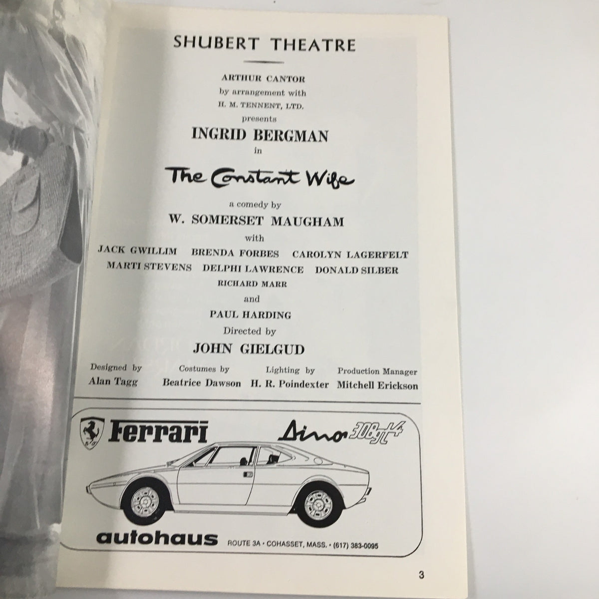 1975 Playbill from Shubert Theatre featuring Ingrid Bergman in The Constant Wife, directed by John Gielgud, showcasing production details and cast list.