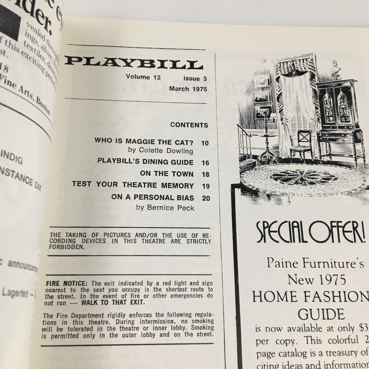 1975 Playbill contents page including articles like Who is Maggie the Cat? and a special offer, enhancing the theatrical experience related to The Constant Wife.