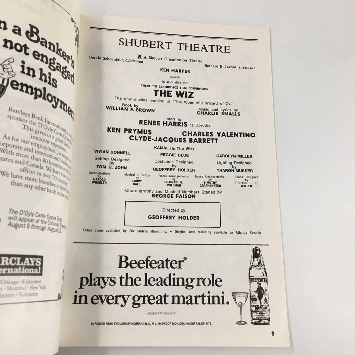 Interior page of the 1978 Playbill for The Wiz at Shubert Theatre, highlighting cast details and credits, including Renee Harris's performance.