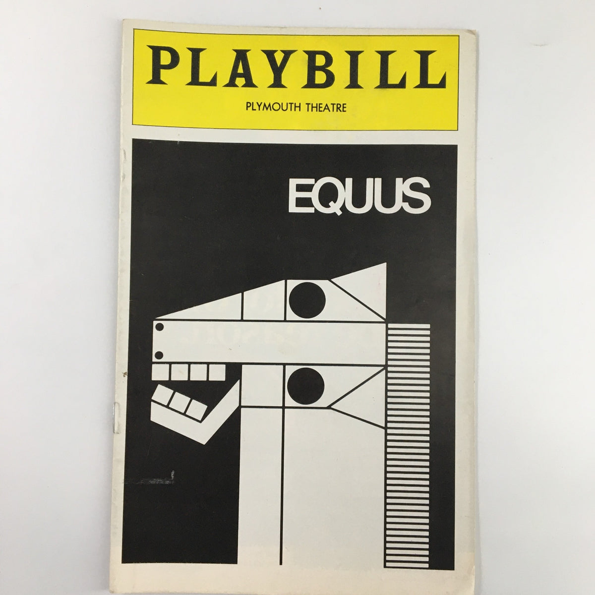 1975 Playbill for Equus by Peter Shaffer at Plymouth Theatre featuring a striking black and white cover design, including a horse graphic.